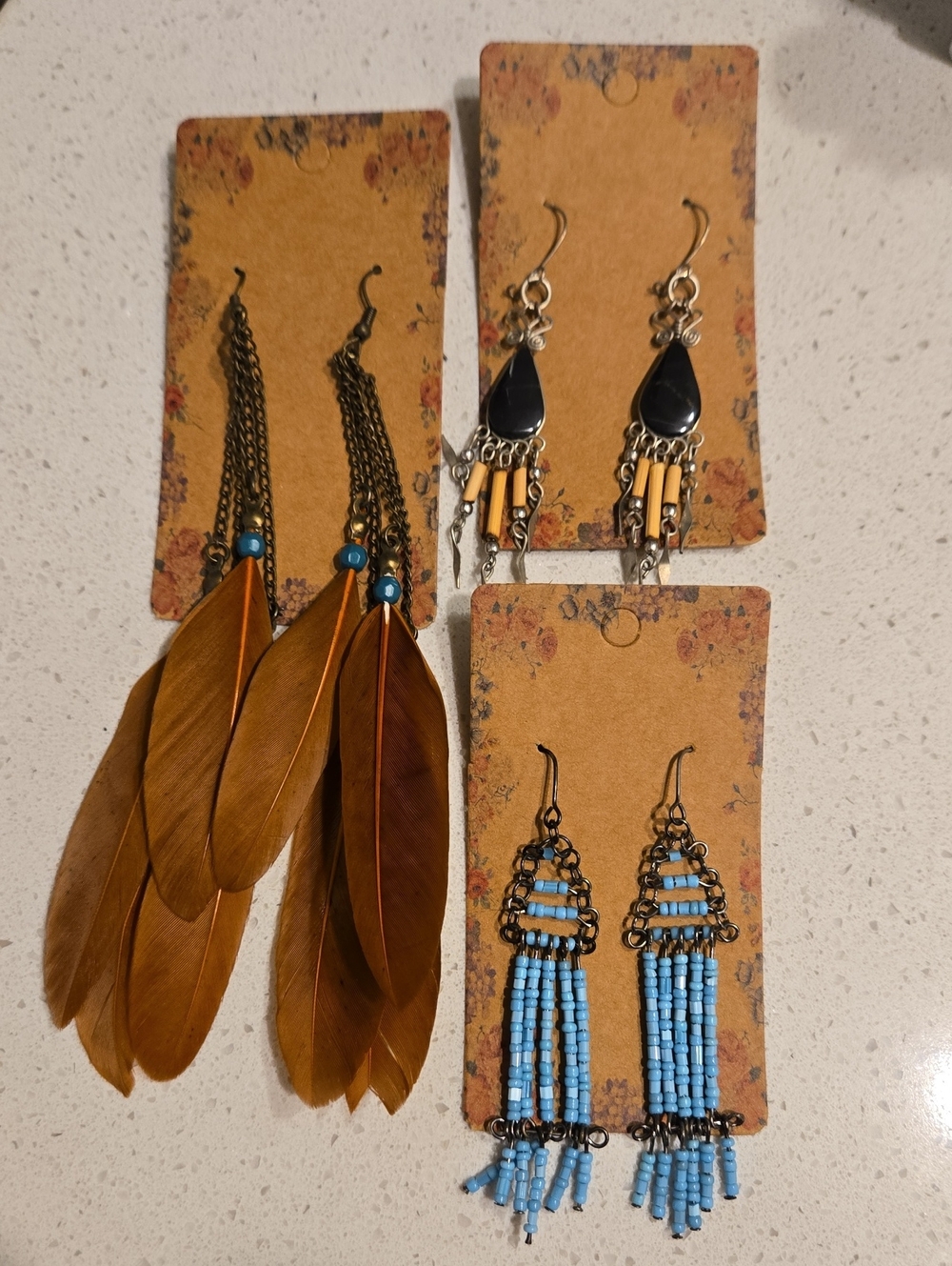 3 Bohemian Feather and Bead Earring Set